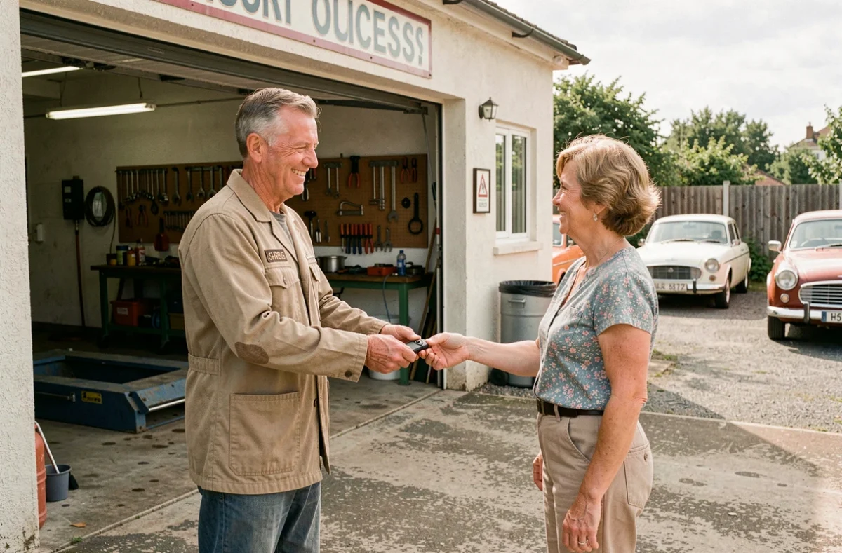 Mécanicien Joseph Paoli remettant les clés à une cliente satisfaite devant l'atelier familial du Garage Paoli Joseph en Haute-Corse