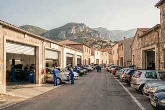 Vue panoramique d'une rue de garages automobiles en Haute-Corse avec des mécaniciens au travail et des voitures en attente de réparation