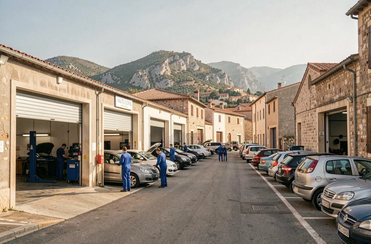 Vue panoramique d'une rue de garages automobiles en Haute-Corse avec des mécaniciens au travail et des voitures en attente de réparation