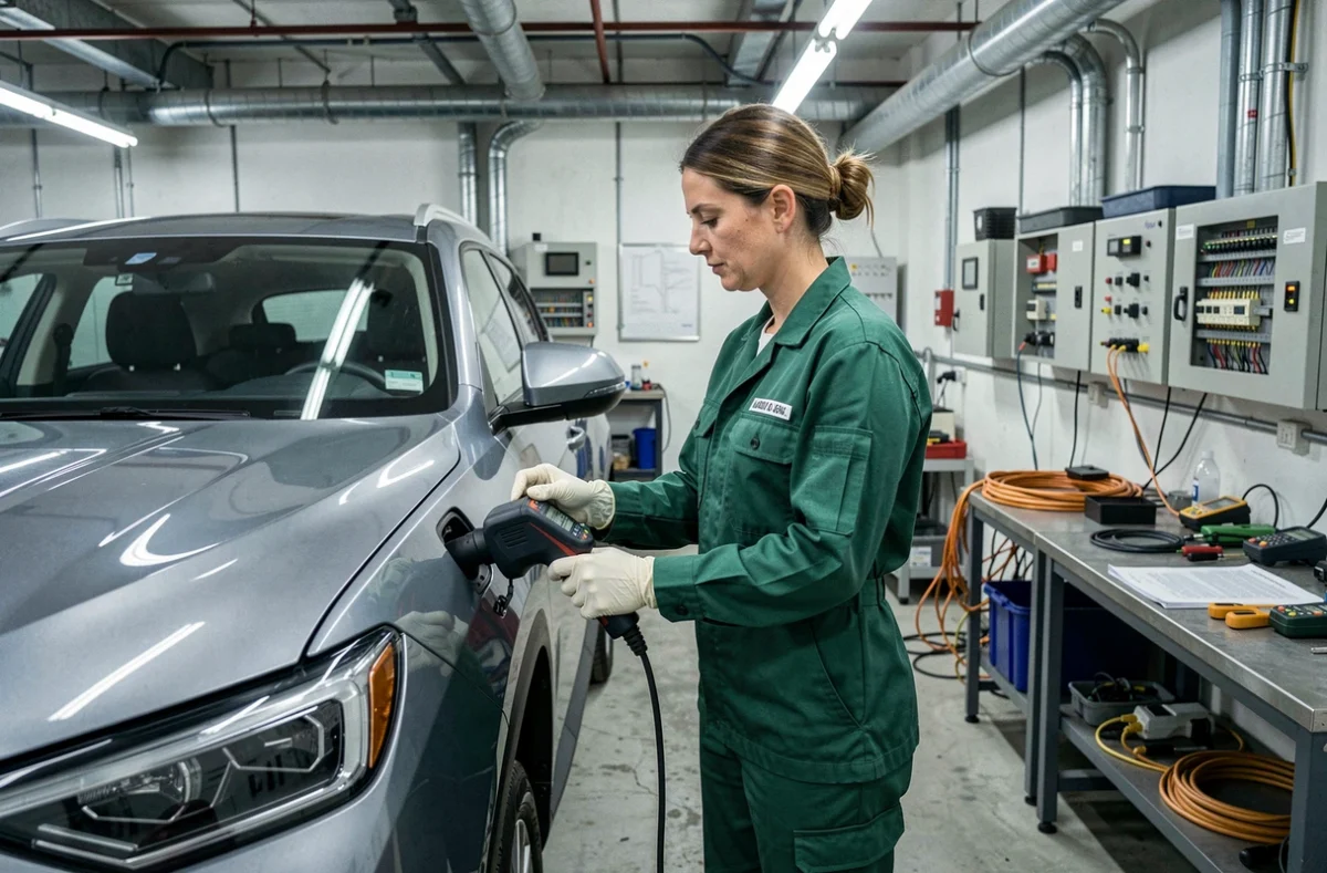 Électromécanicienne branchant un outil de diagnostic sur un SUV dans l'atelier de General Electromecanique et Distribution en Haute-Corse