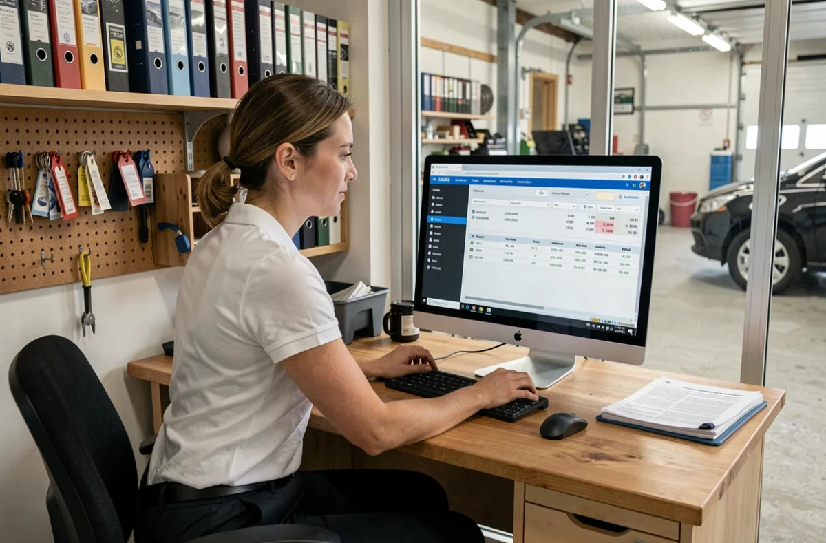 Gérante de garage indépendant consultant le logiciel AtelioDoc sur ordinateur de bureau dans un bureau d'atelier organisé