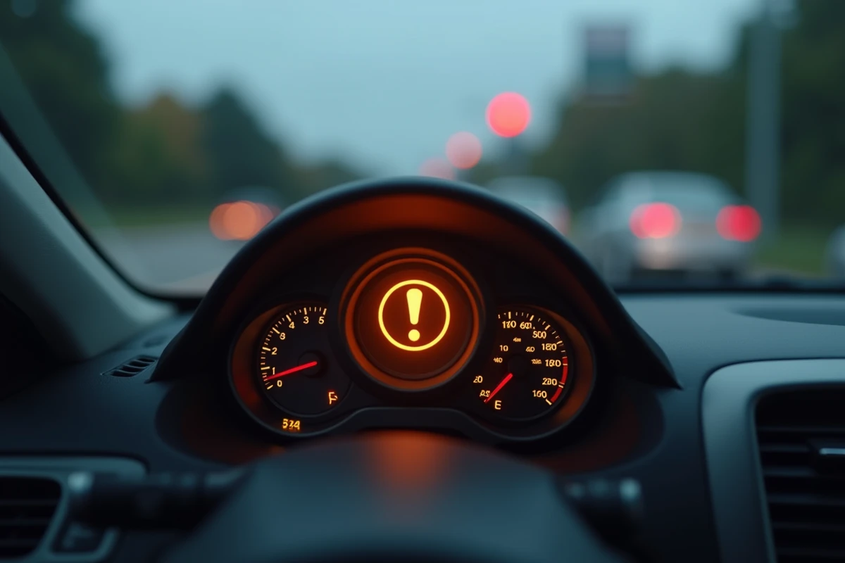 Gros plan sur le voyant point d'exclamation orange allumé dans le tableau de bord d'une voiture moderne