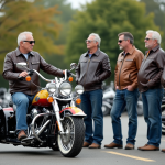 Groupe de motards en parking avec trike coloré