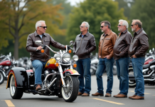 Groupe de motards en parking avec trike coloré