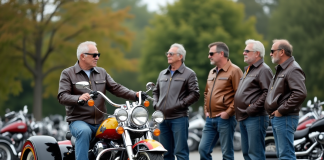 Groupe de motards en parking avec trike coloré