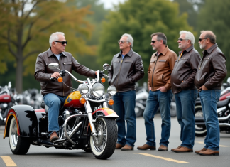 Groupe de motards en parking avec trike coloré