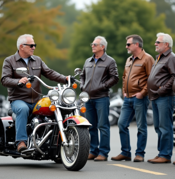 Groupe de motards en parking avec trike coloré