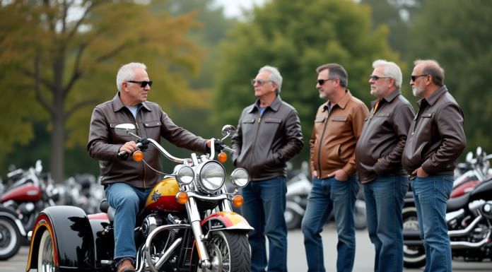 Groupe de motards en parking avec trike coloré