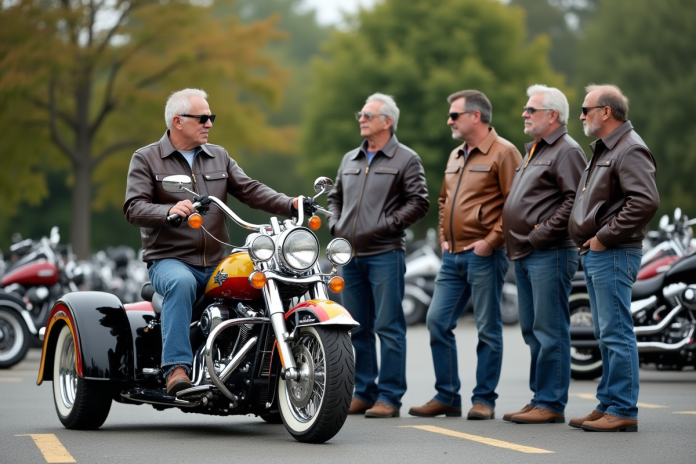 groupe-motorcyclistes-classiques Groupe de motards en parking avec trike coloré