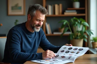 Homme feuilletant un guide de logos de voitures et motos