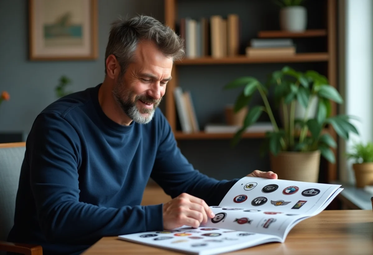 Homme feuilletant un guide de logos de voitures et motos