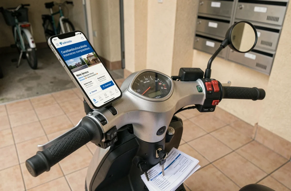 Guidon de scooter 50cc avec smartphone affichant un comparateur d'assurance et documents papier