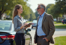 Homme d'affaires et voiture endommagée sur le bord de route