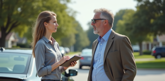 Homme d'affaires et voiture endommagée sur le bord de route
