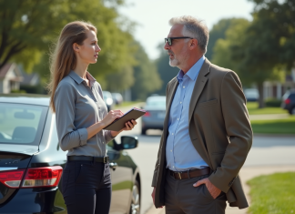 Homme d'affaires et voiture endommagée sur le bord de route