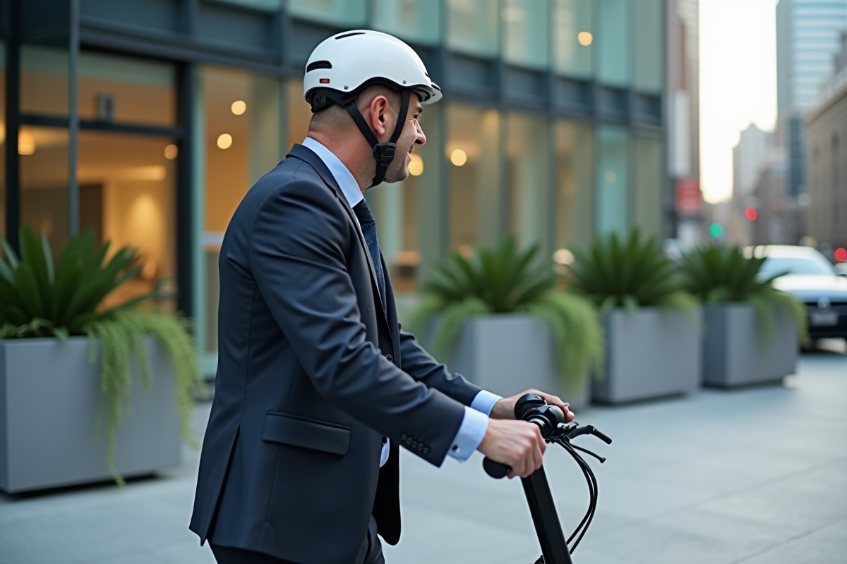 Homme d affaires verrouillant son scooter en centre ville