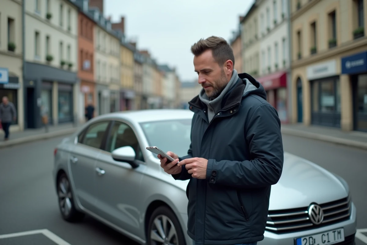 Homme debout près de sa voiture consultant une application de comparaison d'assurance auto sur smartphone