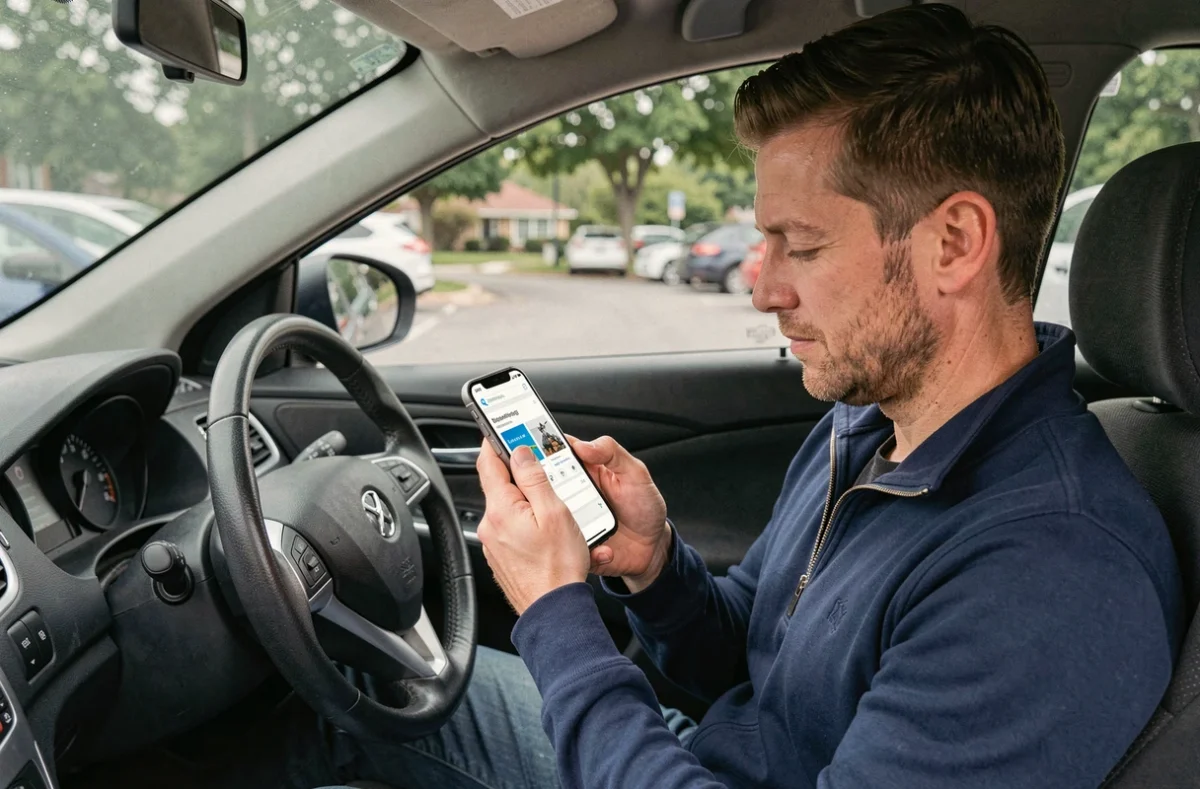 Homme consultant une offre d'assurance auto sans paiement immédiat sur son smartphone dans une voiture