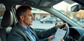 Vignette d’assurance : obligation levée, conséquences et alertes à suivre ? Homme d'âge moyen examinant un document d'assurance voiture