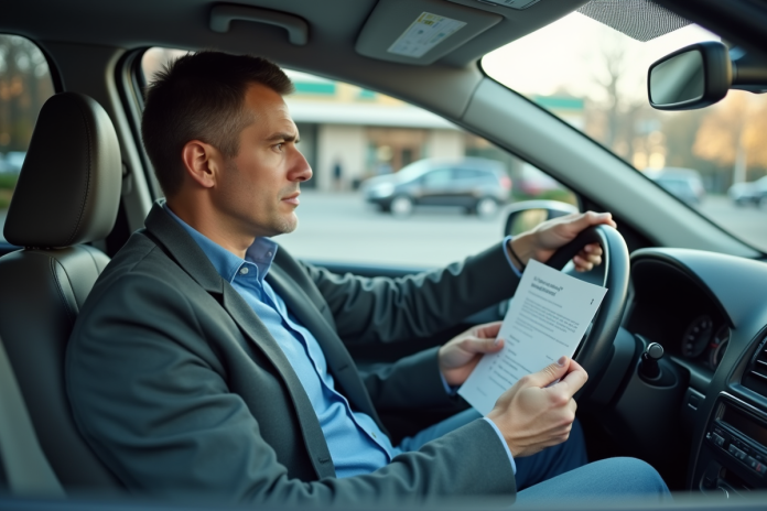 homme-assureur-voiture-gasstation Homme d'âge moyen examinant un document d'assurance voiture