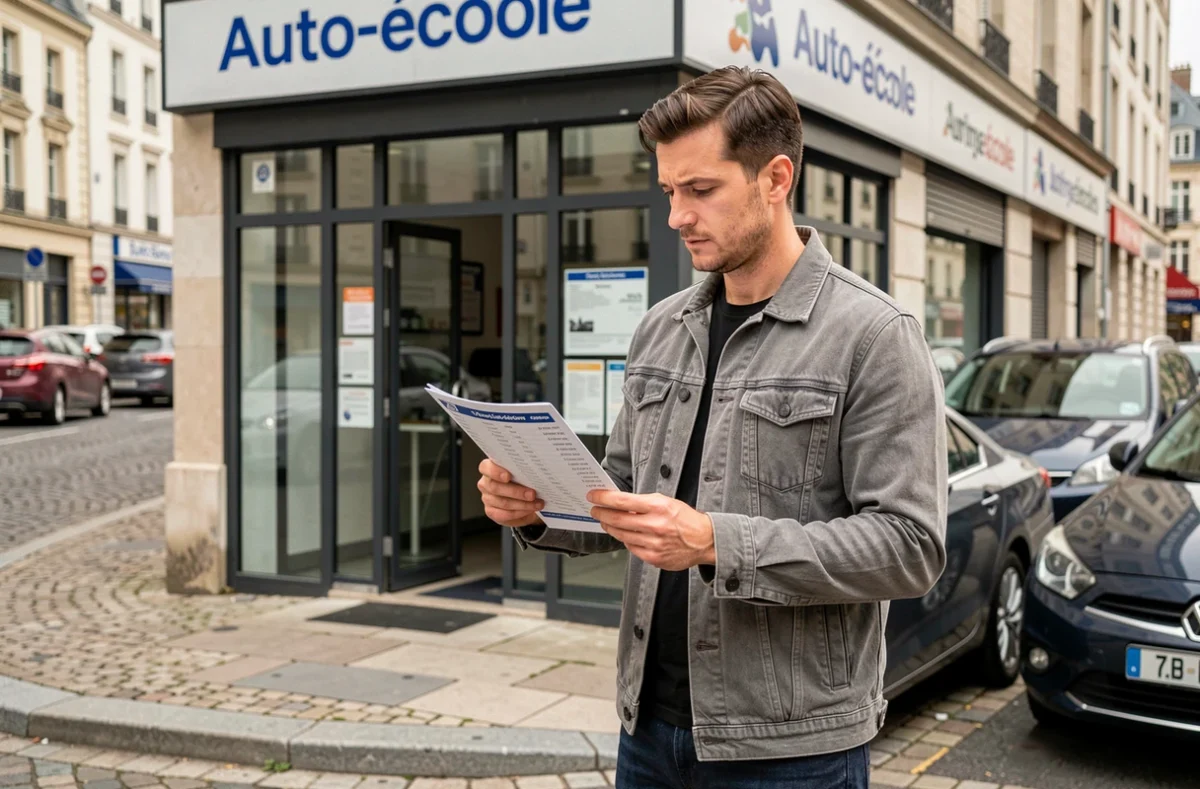 Homme devant une auto-école consultant un devis pour refaire son permis de conduire
