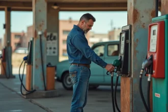 Homme d'âge moyen à la station essence Mille