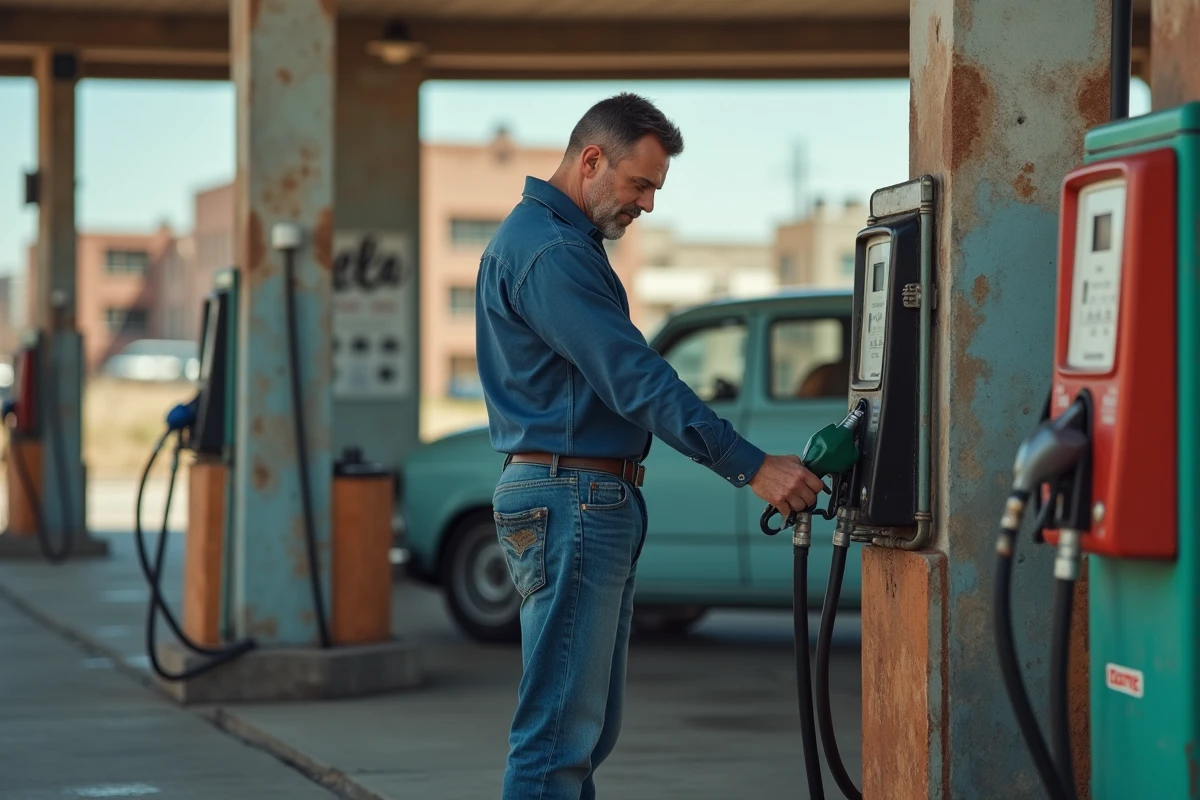 Homme d'âge moyen à la station essence Mille