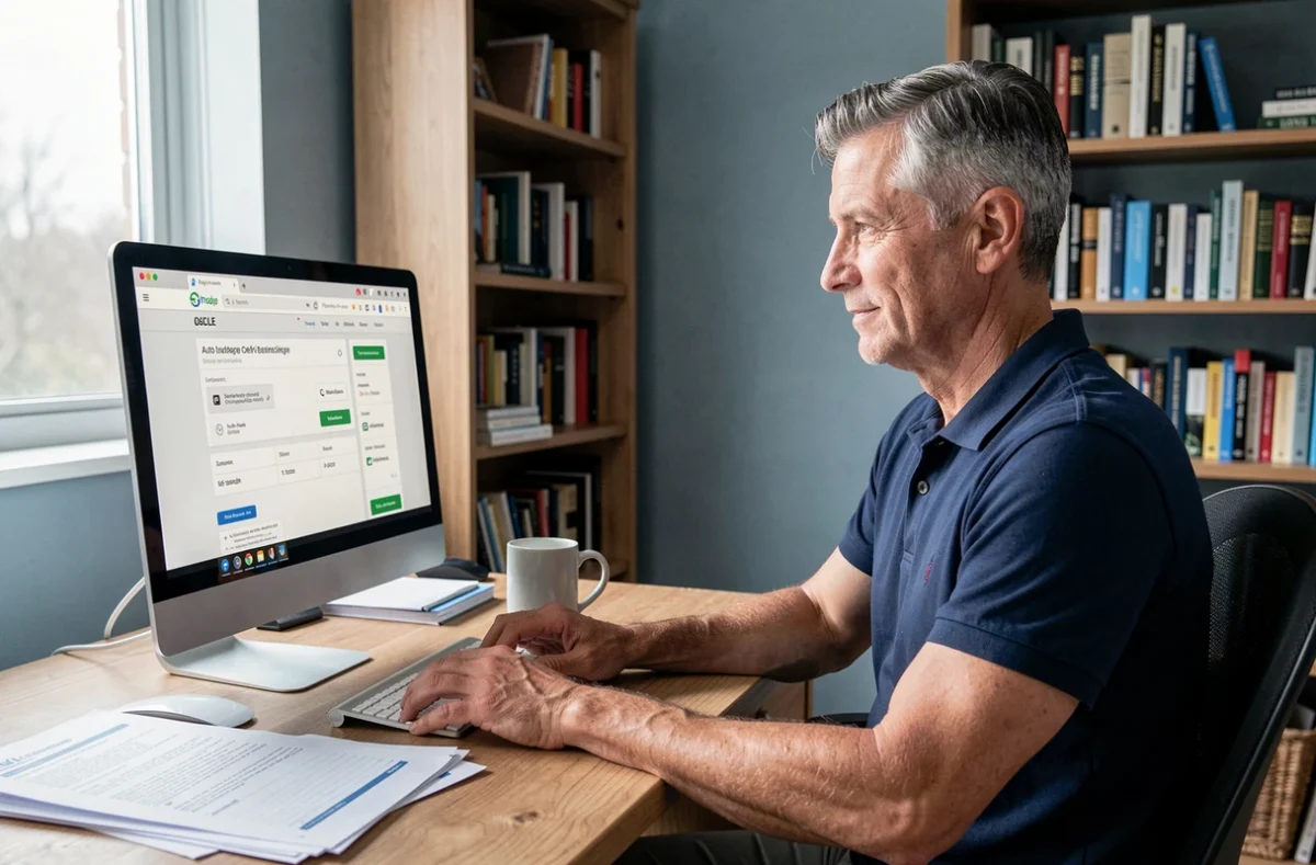 Homme comparant des offres d'assurance auto sur internet depuis son bureau à domicile