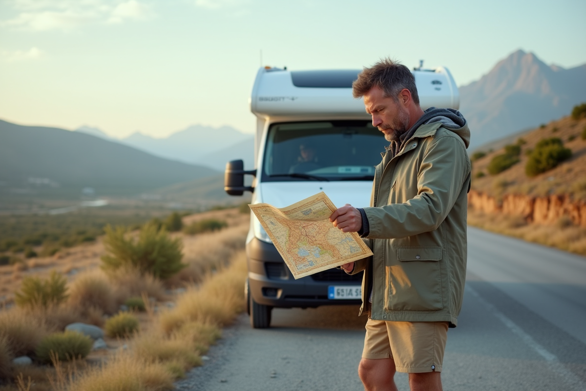 Homme regardant une carte près de son van en campagne
