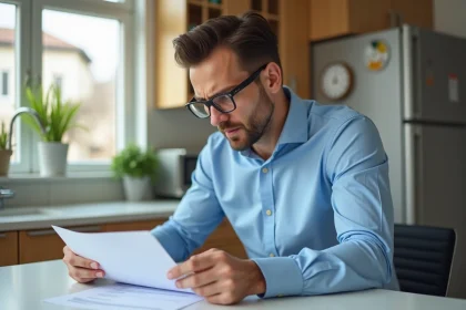 Homme de 35 ans examinant un contrat d'assurance voiture à la maison