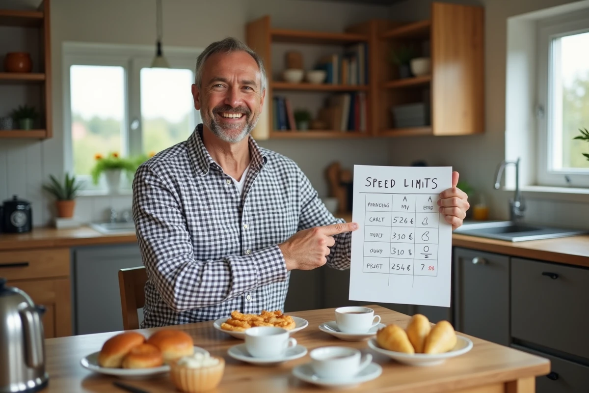 Homme montrant un panneau de vitesse et un tableau de conversion