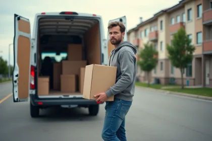 Homme en jeans et hoodie portant une caisse près d'un van blanc