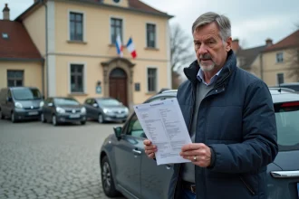 Homme français regardant un document voiture devant une mairie