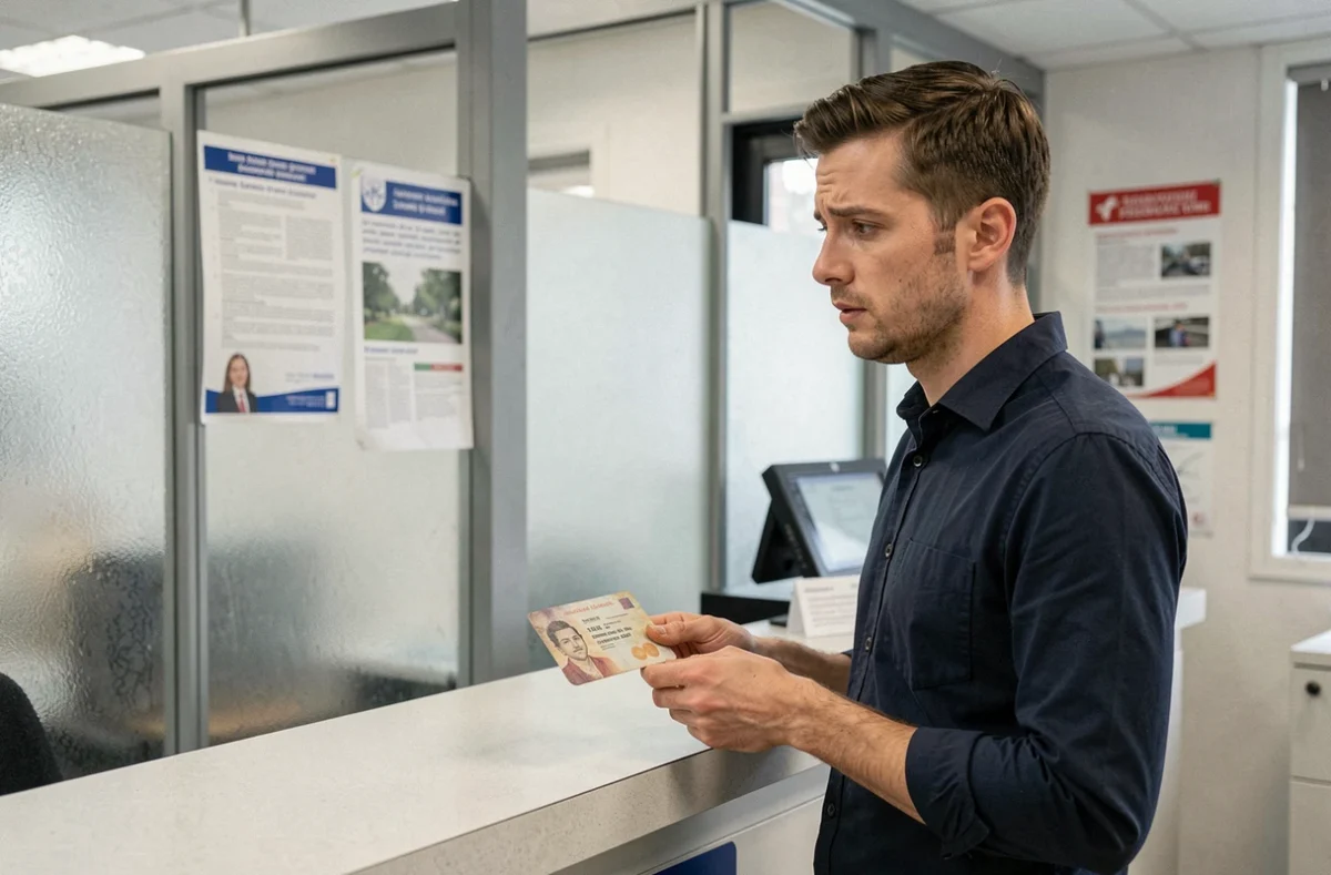 Homme déposant une carte d'identité usée au guichet d'une administration française pour signaler un numéro de formule manquant