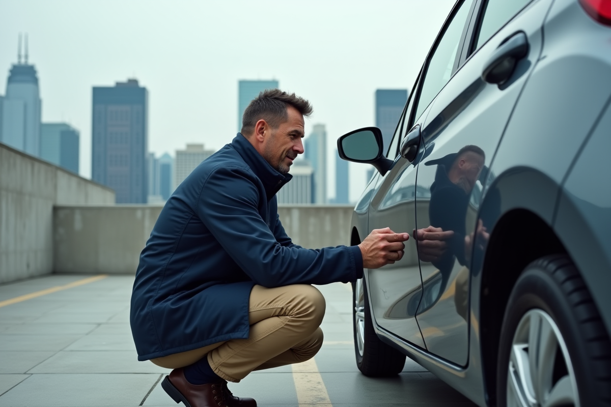 Homme inspectant le compteur de sa voiture sur un parking urbain