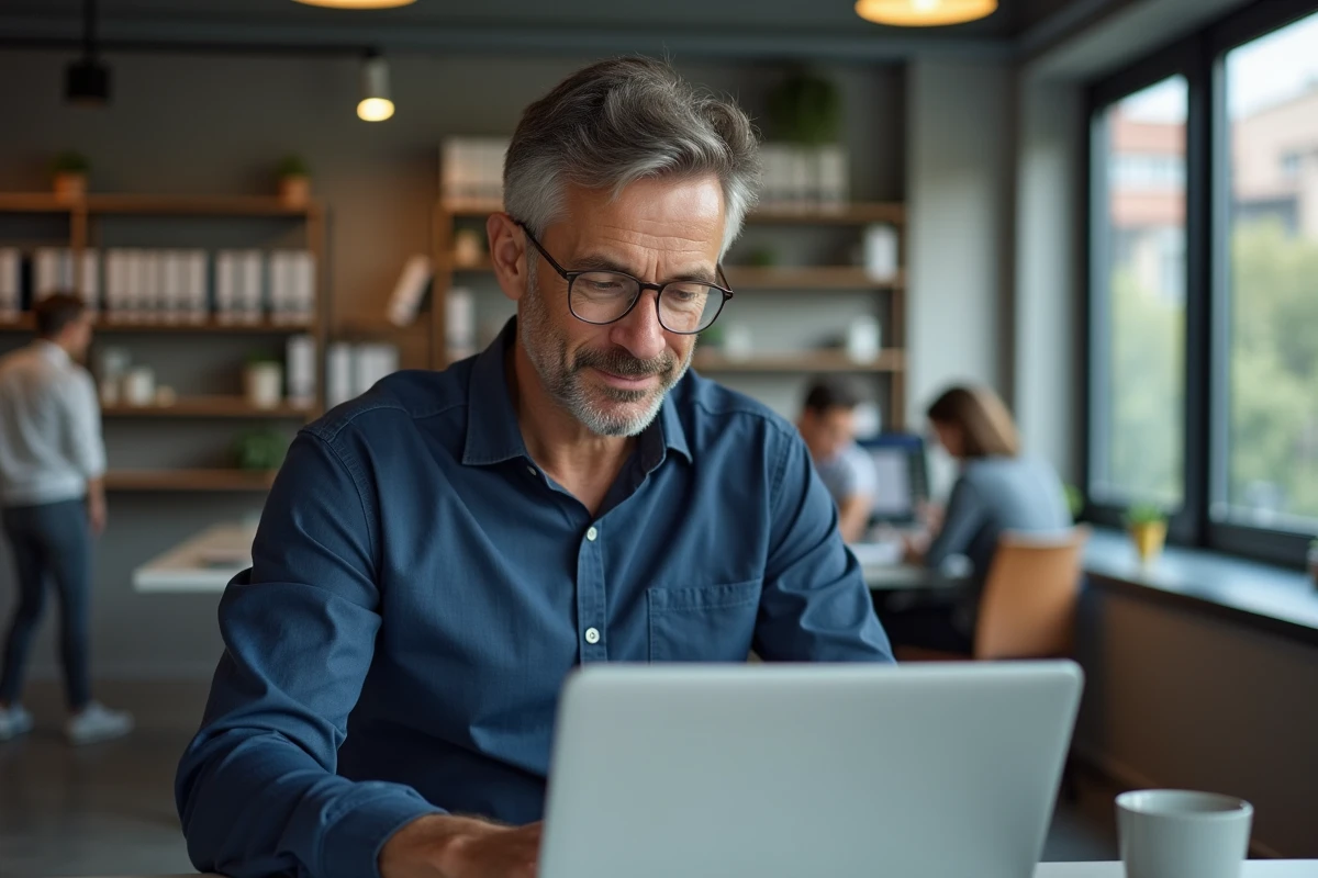 Homme consultant un site d'information sur ordinateur portable dans un espace de coworking moderne