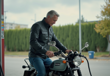 Moto : Réduire la consommation d’essence en 5 astuces infaillibles Homme d'âge moyen faisant le plein de sa moto à une station essence