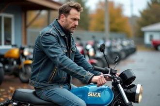 Homme examinant une moto Suzuki bleue en concession