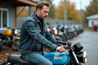 Homme examinant une moto Suzuki bleue en concession