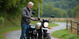 Homme d'âge moyen montant sur une moto de tourisme en pleine nature