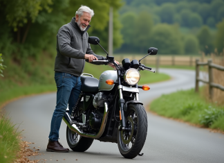 Moto adaptée dos douloureux: quelle choisir pour rouler aisément? Homme d'âge moyen montant sur une moto de tourisme en pleine nature