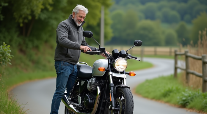 Moto adaptée dos douloureux: quelle choisir pour rouler aisément? Homme d'âge moyen montant sur une moto de tourisme en pleine nature