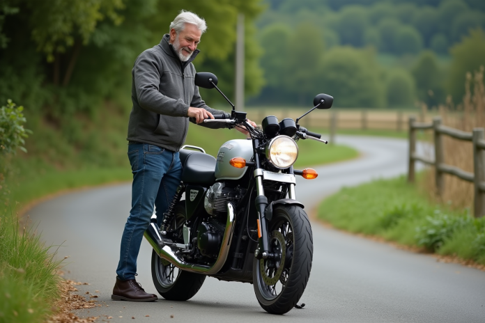 Homme d'âge moyen montant sur une moto de tourisme en pleine nature