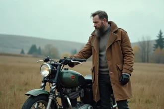 Homme inspectant une moto Ural en campagne russe