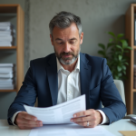 Homme français en costume bleu étudiant une contravention