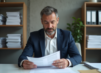 Homme français en costume bleu étudiant une contravention