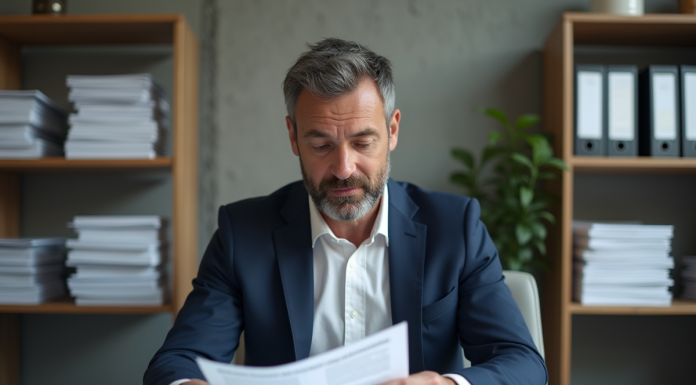 Homme français en costume bleu étudiant une contravention