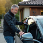 Revendre sa Tesla : conseils et astuces pour une revente optimisée Homme nettoie le miroir d'une voiture électrique dans une résidence