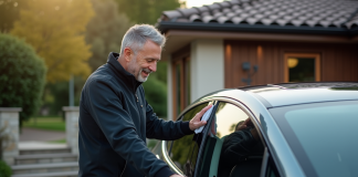 Homme nettoie le miroir d'une voiture électrique dans une résidence