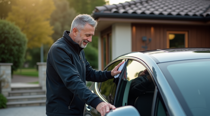 Revendre sa Tesla : conseils et astuces pour une revente optimisée Homme nettoie le miroir d'une voiture électrique dans une résidence